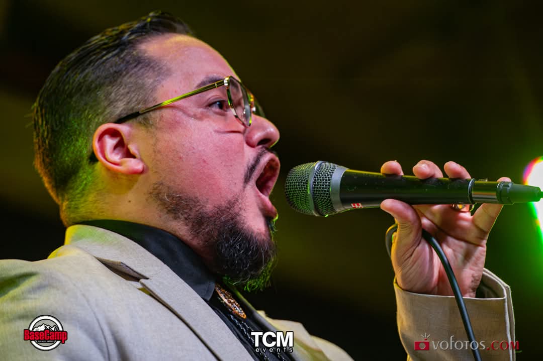 Close-up of the lead vocalist hitting a high note